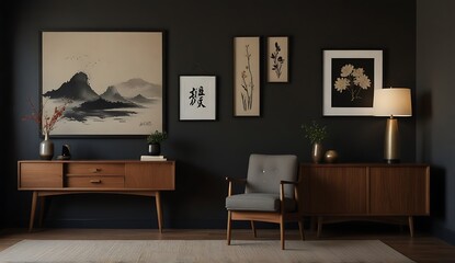 Japanese modern room interior design with minimalistic sofa couch wooden table wall painting design. Modern apartment  house design 