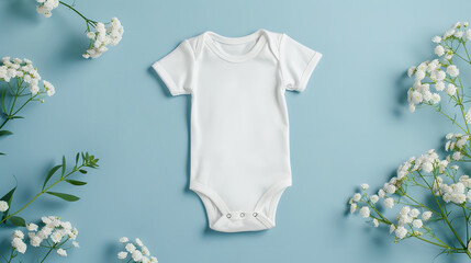 Blank white cotton baby short sleeve bodysuit on pastel blue background with white flowers
