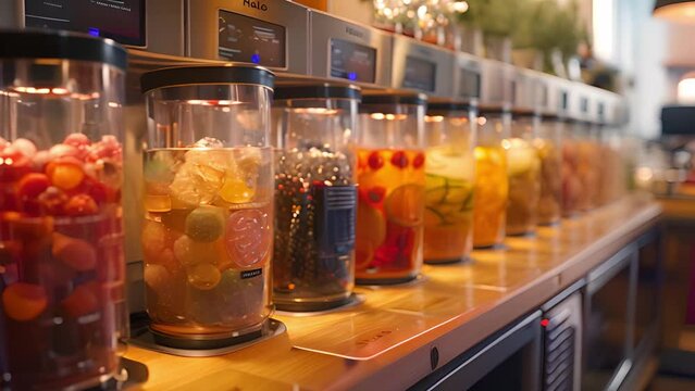This Assorted beverages in glass jars lined up on a shelf. Row of Jars Filled With Various Drinks