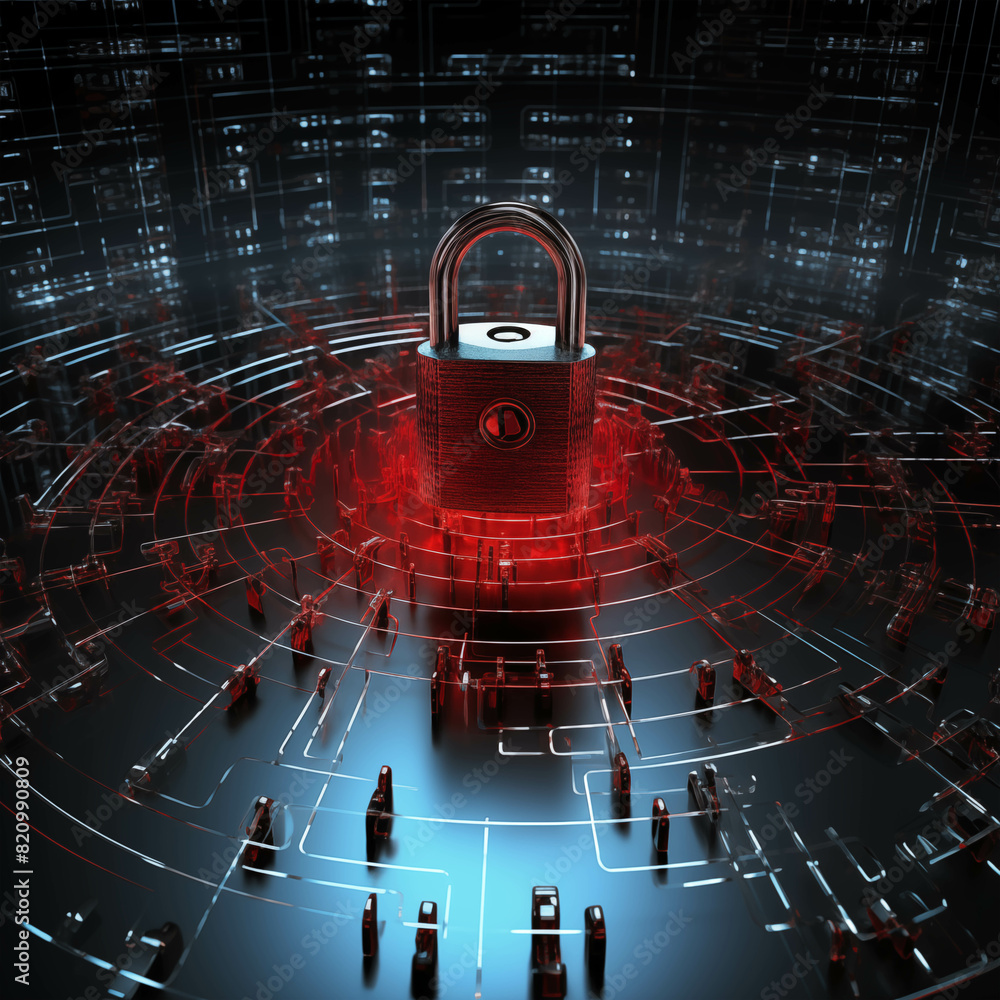Poster a concept of cybersecurity featuring a central padlock surrounded by glowing red circuits, symbolizi