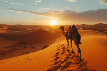 A camel and rider traverse the golden dunes of a desert at sunset, creating a stunning blend of colors and a tranquil, adventurous atmosphere.