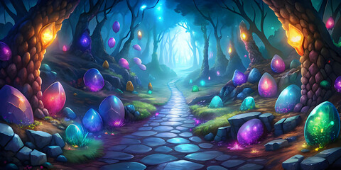Step into a fantasy world where glowing pebbles of different colors and textures light your path, leading you to a hidden treasure.