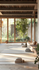 Serene and Tranquil Space for Yoga Class Filled with Sunlight and Beautiful View of Nature