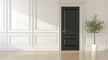 a modern farmhouse interior design house, adorned with single panel black interior doors, accented by gold hardware, and featuring modern lines, white door trim, and white baseboards.