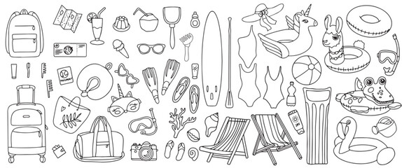 Hand drawn set of summer holiday elements, luggage, swimwear and beach accessories. Travel element drawn in doodle style. Illustration for banner, background, badge, logo design. Vector