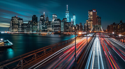 Long exposure shot of car light trails on the bridge with city skyline at blue hour in New York City