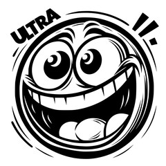 A crazy and funny smiley face in black and white, perfect for emotional expression illustrations, cartoons, humorous designs, and versatile creative projects