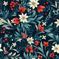 Fototapeta premium Red and white flowers with green leaves on a dark blue background.