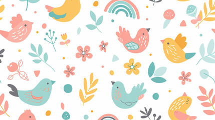 cute doves, small leaves, dots, rainbows, and flowers, all set against a white background