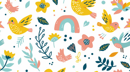 Obraz premium cute doves, small leaves, dots, rainbows, and flowers, all set against a white background