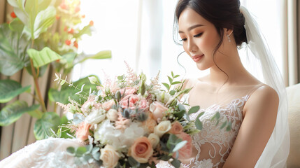 Stunning bride in a white wedding dress, holding a bouquet of flowers, sitting on a sofa near a window with bright light and pastel colors - Powered by Adobe