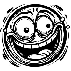 A crazy and funny smiley face in black and white, perfect for emotional expression illustrations, cartoons, humorous designs, and versatile creative projects