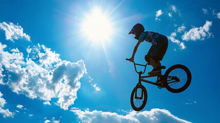 Naklejka premium A young boy dressed in a BMX outfit jumps a single ramp against a bright blue sky His bike is silhouetted against the sun, representing the courage to take risks and the pursuit of