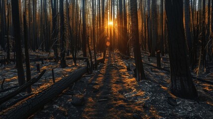 Burned trees in California after devastating wildfire.