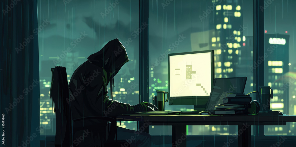 Poster a person focused on a computer screen while sitting at a desk in an office setting