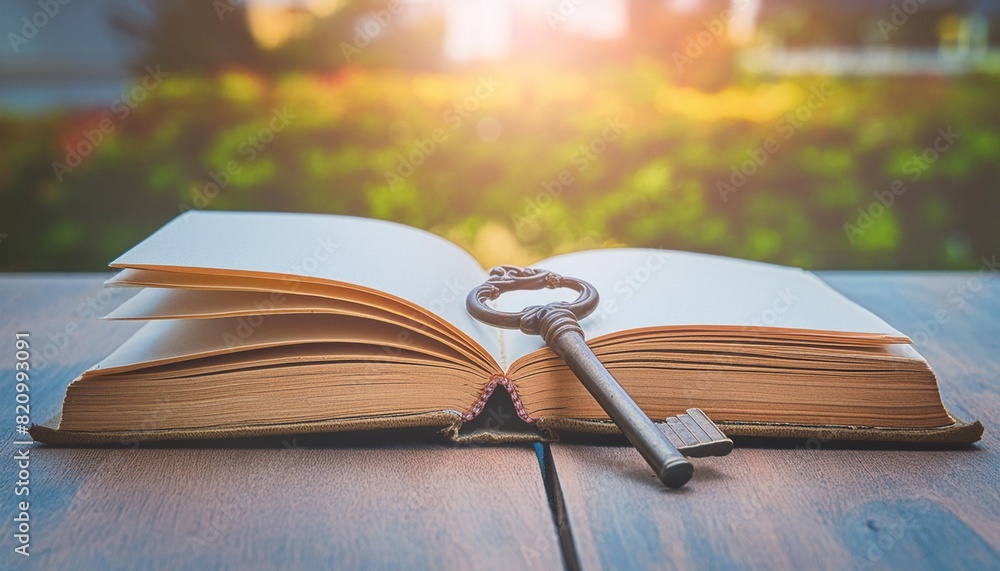 Poster image of open antique book on wooden table with vintage key