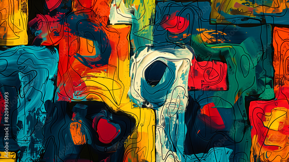 Poster a colorful painting with a lot of different colors and brush strokes. the painting is abstract and h