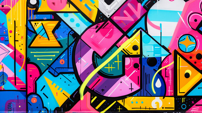 A colorful graffiti. The colors are bright and the shapes are abstract. a vibrant Euro-Pop Art-inspired graffiti wall