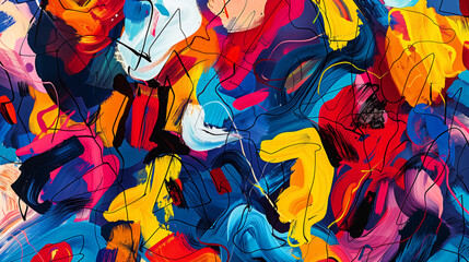 A colorful painting with a lot of different colors and brush strokes. The painting is abstract and has a lot of different shapes and lines. The colors are bright and bold. abstract retro expressionism