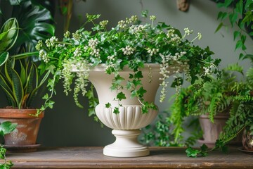 A classic white porcelain urn overflowing with cascading ivy, ferns, and moss, creating a lush and verdant focal point for an indoor garden or conservatory