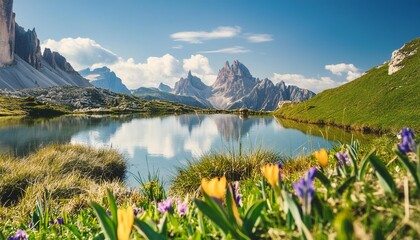 Naklejka na ściany i meble awesome nature landscape alpine lake with crystal clear water and frash grass and flowers perfect blue sky and mountains peaks incredible view of dolomites alps tre cime di lavaredo national park