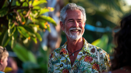 An elderly man with a white beard wearing a colorful Hawaiian shirt