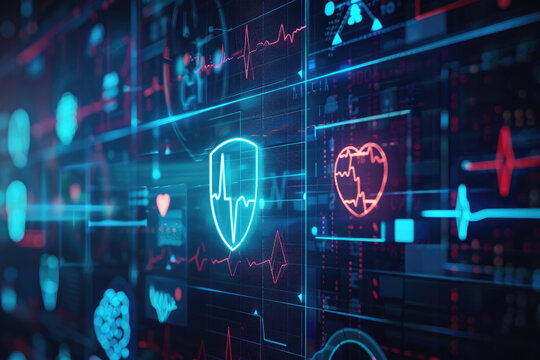 A wall adorned with an array of medical symbols, including the caduceus, stethoscope, heart rate monitor, and syringe, providing a visual representation of healthcare