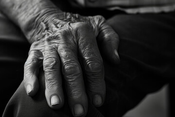 Fototapeta premium A close-up of an elderly persons weathered hands resting gently on the armrest of a wooden chair
