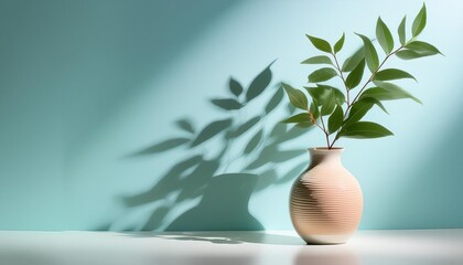 minimalistic light background with a ceramic vase with the plant and blurred foliage shadow on a light blue wall generated ai