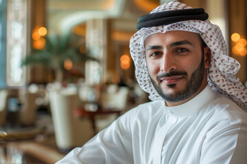 An Arabian entrepreneur, hosting a lavish networking gala in a luxury hotel ballroom, fostering business connections and nurturing relationships over gourmet cuisine and live entertainment, his