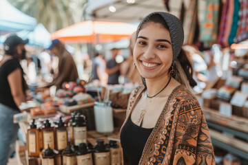An Arabian entrepreneur, hosting a vibrant marketplace event showcasing exotic products and artisanal crafts from her homeland, fostering cross-cultural appreciation and economic empowerment within