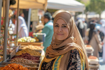 An Arabian entrepreneur, hosting a vibrant marketplace event showcasing exotic products and artisanal crafts from her homeland, fostering cross-cultural appreciation and economic empowerment within
