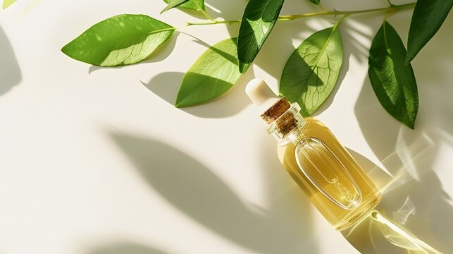 Tea Tree Oil Acne Treatment on Solid White Background with Natural Foliage Accents
