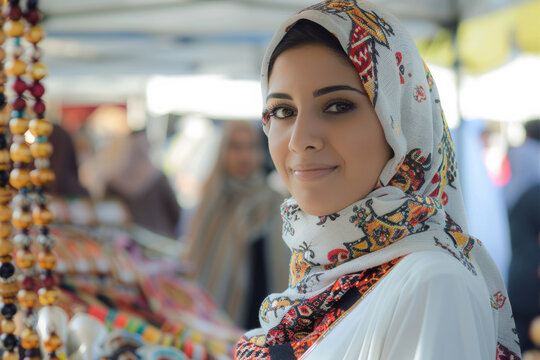 An Arabian entrepreneur, hosting a vibrant marketplace event showcasing exotic products and artisanal crafts from her homeland, fostering cross-cultural appreciation and economic empowerment within