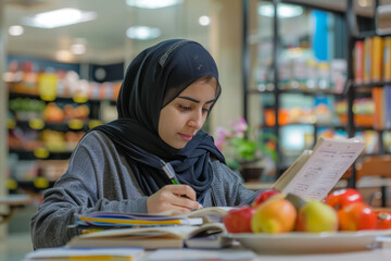 An Arabian girl studies diligently in the university canteen, with fresh fruit and cake nearby. With a determined focus, she delves into her academic materials while occasionally indulging in the