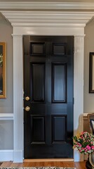 Fototapeta premium a modern farmhouse interior design house, adorned with single panel black interior doors, accented by gold hardware, and featuring modern lines, white door trim, and white baseboards.