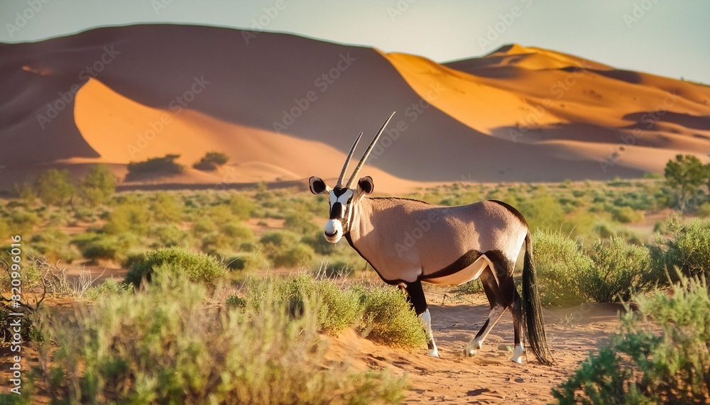 Sticker oryx african oryx or gemsbok oryx gazella searching for food in the dry red dunes of the kgalagadi transfrontier park in south africa