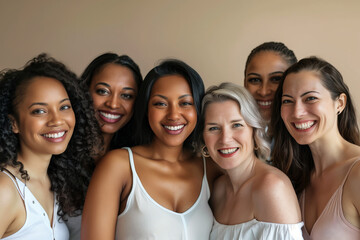 Obraz premium Portrait of six diverse women of different ages, all smiling and embracing. The image captures unity, happiness, and diversity, showcasing women from various backgrounds