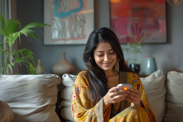 An Indian woman utilizes an electronic thermostat in her living room to regulate the home temperature. Embracing modern technologies and smart home advancements, she values the convenience of managing