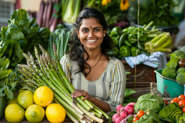 Obraz premium An Indian woman, glowing with positivity, presents a bunch of asparagus while seated by a table filled with fresh vegetables, fruits, and greens. Enveloped in the ethos of healthy eating and lifestyle