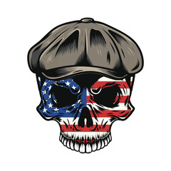 Skull wearing flat cap with USA flag in face vector drawing