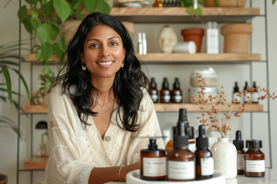 An Indian woman blending traditional Ayurvedic principles with modern beauty innovations as a cosmetic seller, offering holistic skincare solutions that nurture both the body and the soul.