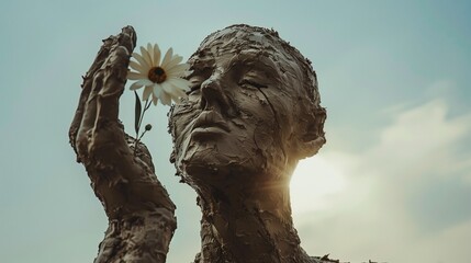 Document a muddy sculpture resembling a human figure with a prominently large hand obscuring the sun and another hand gracefully presenting a flower, captured against a simple backdrop to convey - Powered by Adobe