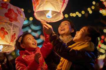 Families releasing sky lanterns into the night sky as part of Lunar New Year festivities, each lantern carrying wishes and dreams for prosperity, happiness, and good fortune in the coming year.