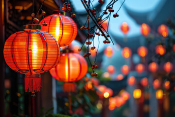 Red lanterns adorning streets and homes, their warm glow symbolizing luck and prosperity as...