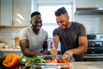 Two guys, one African American and the other Hispanic, are having fun while making salad together in the kitchen. The scene portrays a concept of gay couples and everyday life at home, as they bond