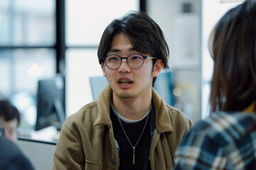 Two Japanese young colleagues converse at their working place, problem-solving and addressing various work-related issues in the office or coworking space. With a focus on efficiency and collaboration