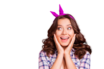 Close-up portrait of nice cheerful cheery sweet tender delicate lovely adorable attractive winsome pretty lady wearing head band hands on cheeks isolated over violet pastel background