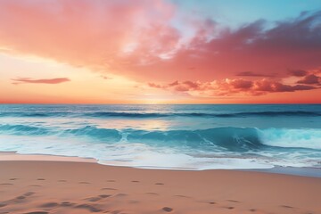 Breathtaking beach sunset with colorful sky and ocean waves crashing onto sandy shore, creating a serene and picturesque coastal scene.