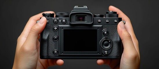 close up of hand holding modern digital black camera, with blank screen as background